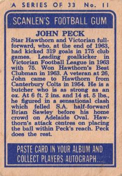 1964 Scanlens VFL #11 John Peck Back